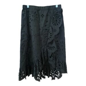 J. Crew Eyelet Asymmetrical Skirt, Size S, Black, Elastic Waist, Ruffles.